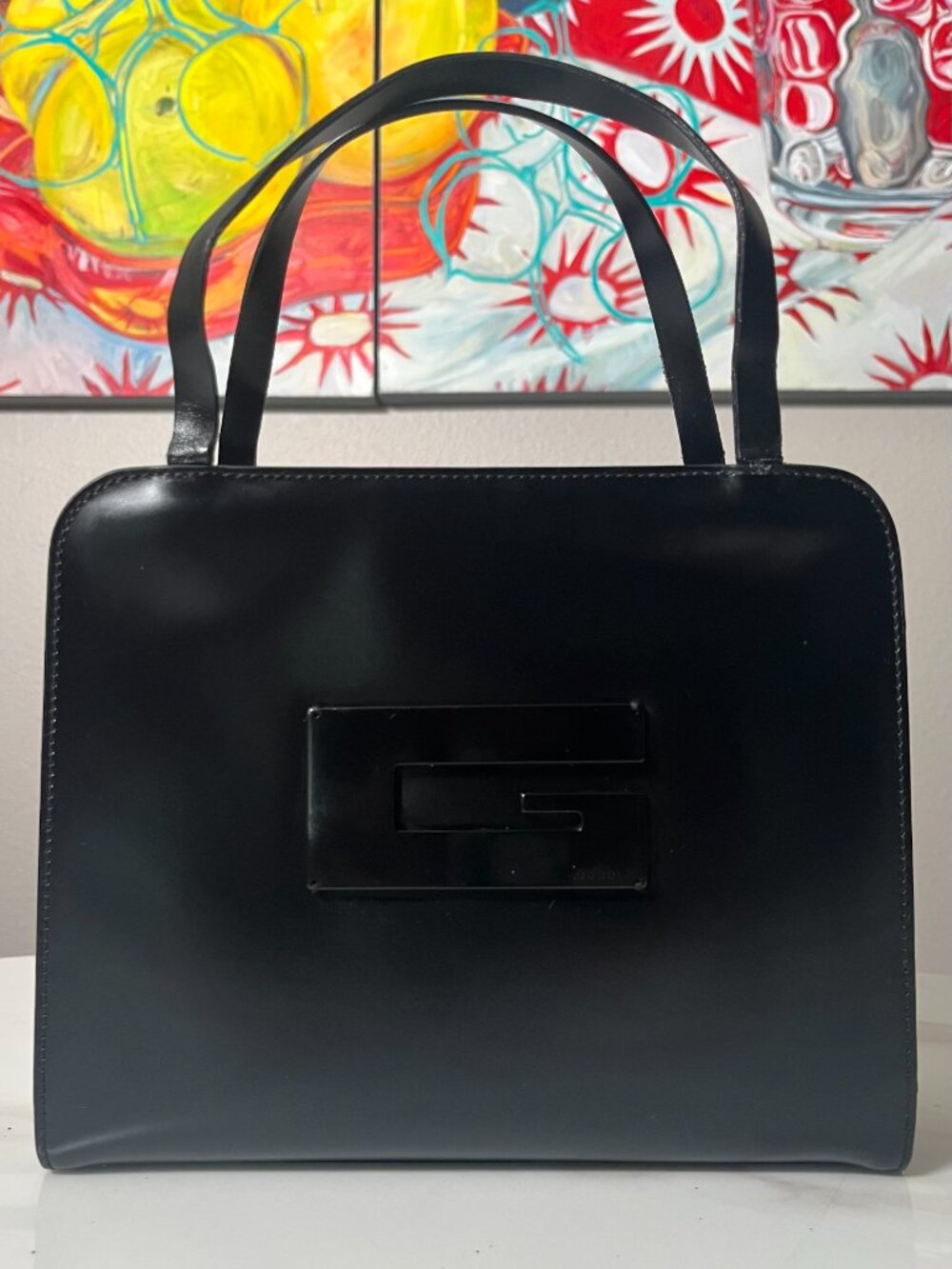 Gucci Ford Black Vintage Patent Leather Large G Logo Structured Handbag